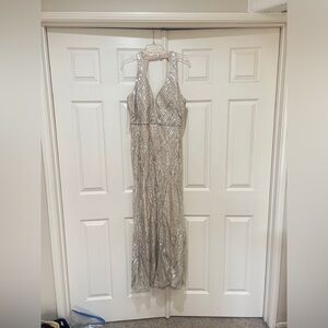 R & M Richards Silver Sequin Maxi Dress